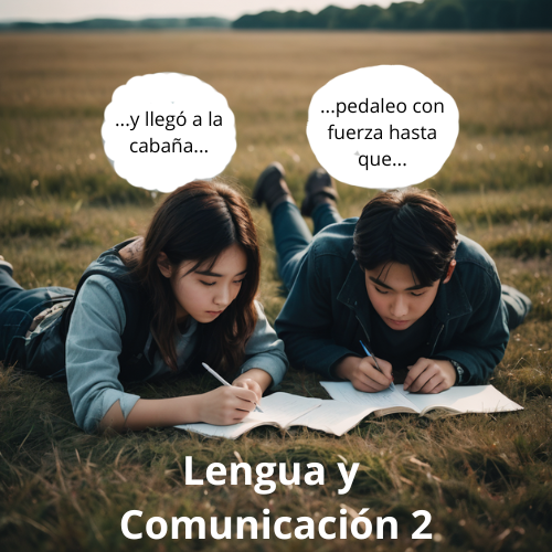 Dos jovenes escribiendo historias recostados sobre el pasto. 